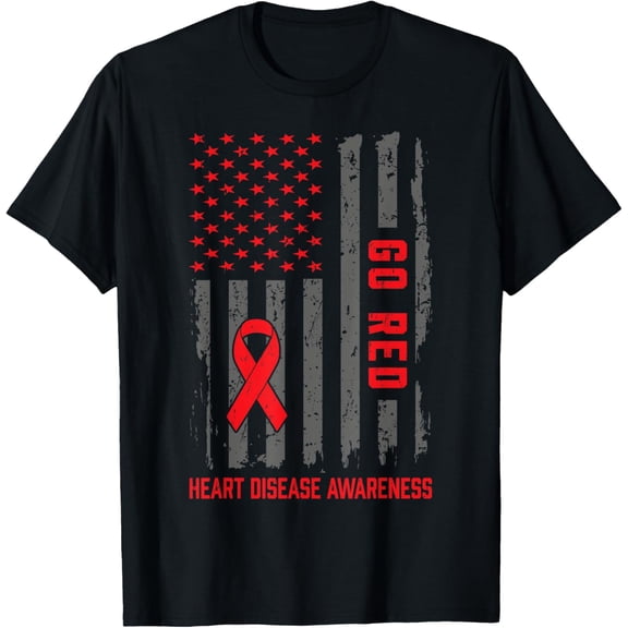 Heart Disease American Flag Go Red Heart Disease Awareness T-ShirtMen and women, Black T-shirt, size: Extra large