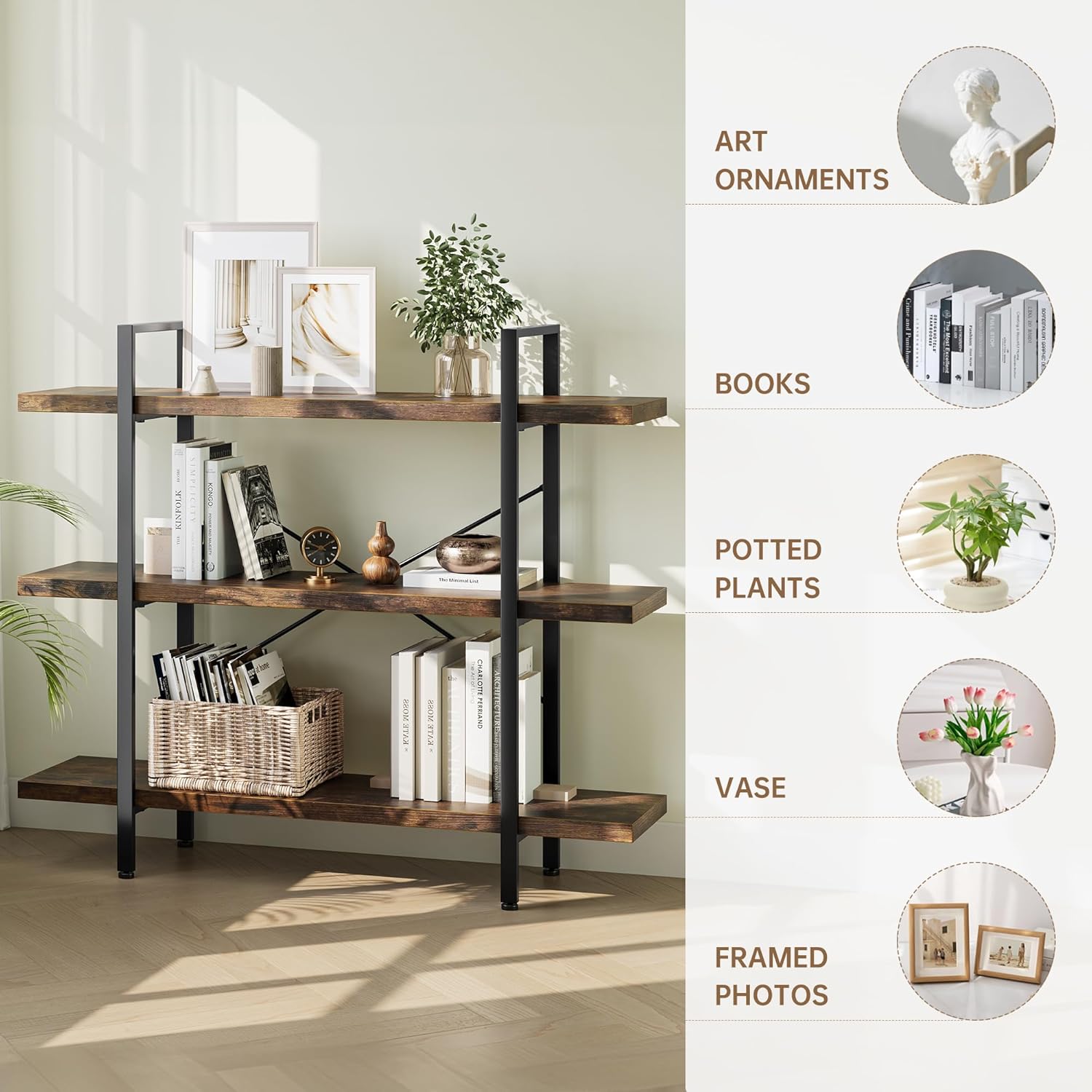 Heavy Duty 3-Tier Industrial Bookcase, 39" Wide Wood Bookshelf for Home Office, 120lbs Shelf Capacity, Rustic Open Shelving Display with Reinforced Horizontal Shelf for Living Room Bedroom