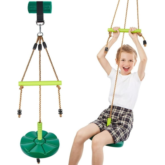 Disc Swing with Monkey Bars, Tree Swing Set Accessories Rope Disk Swing Seat with Carabiner and 22in Hanging Strap Heavy Duty Swingset for Zipline Outdoor Playground, Jungle & Gym Green