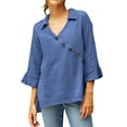 thumbnail image 1 of Womens Cotton Linen 3/4 Length Ruffle Sleeve V Neck Blouses Summer Trendy Dressy Casual Loose Fit Button Shirt Tops, 1 of 6