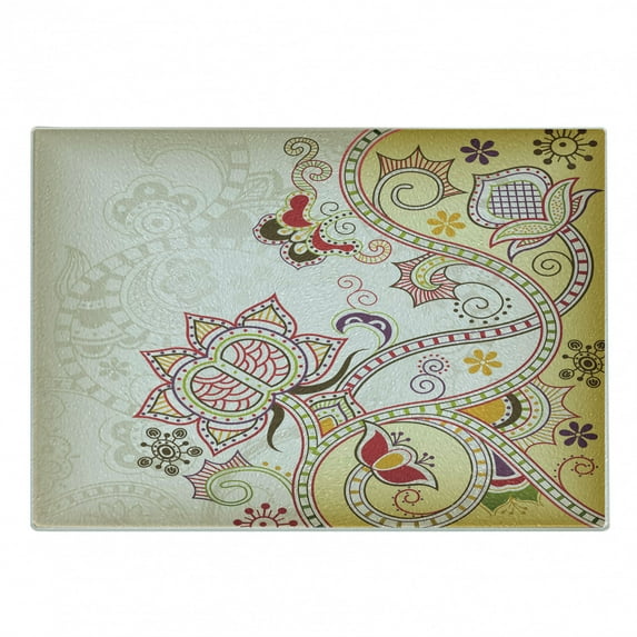 Floral Cutting Board, Oriental Flower Ornaments Pattern Curvy Swirled Abstract Design Colorful Art, Decorative Tempered Glass Cutting and Serving Board, Small Size, Multicolor, by Ambesonne