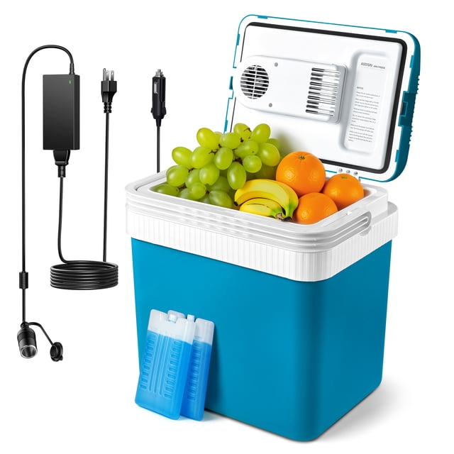 AstroAI 24L (26 qt) Electric Cooler, Thermoelectric Car Fridge, Portable Refrigerator for Beverage, Beer, Wine, Seafood, Fruits, Home and Travel with 2 Ice Packs, AC, DC, RV use, Blue-Green