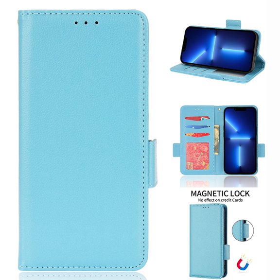 Wallet Case for iPhone 14 Plus 6.7 Inch, Soft Silicone Lychee Pattern PU Leather Shockproof Flip Cover with Card Slots Holder Magnetic Clasp Lock Drop Resistant Kickstand Phone Case,Cyanblue