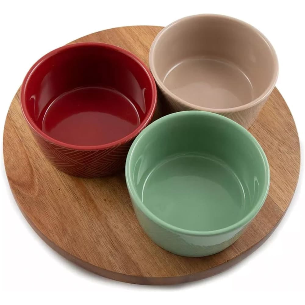 Thirstystone 12-Inch Acacia Wood Lazy Susan Turntable with 3 Ceramic Serving Bowls, Stylish Rotating Server for Condiments, Snacks, and Dips, Perfect for Holiday Dining and Entertaining