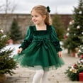 thumbnail image 5 of WUANDIXFA Toddler Baby Girl Christmas Velvet Dress Square Neck Puff Long Sleeve Bow Holiday Party Dress,Dark Green,12-18 Months, 5 of 9