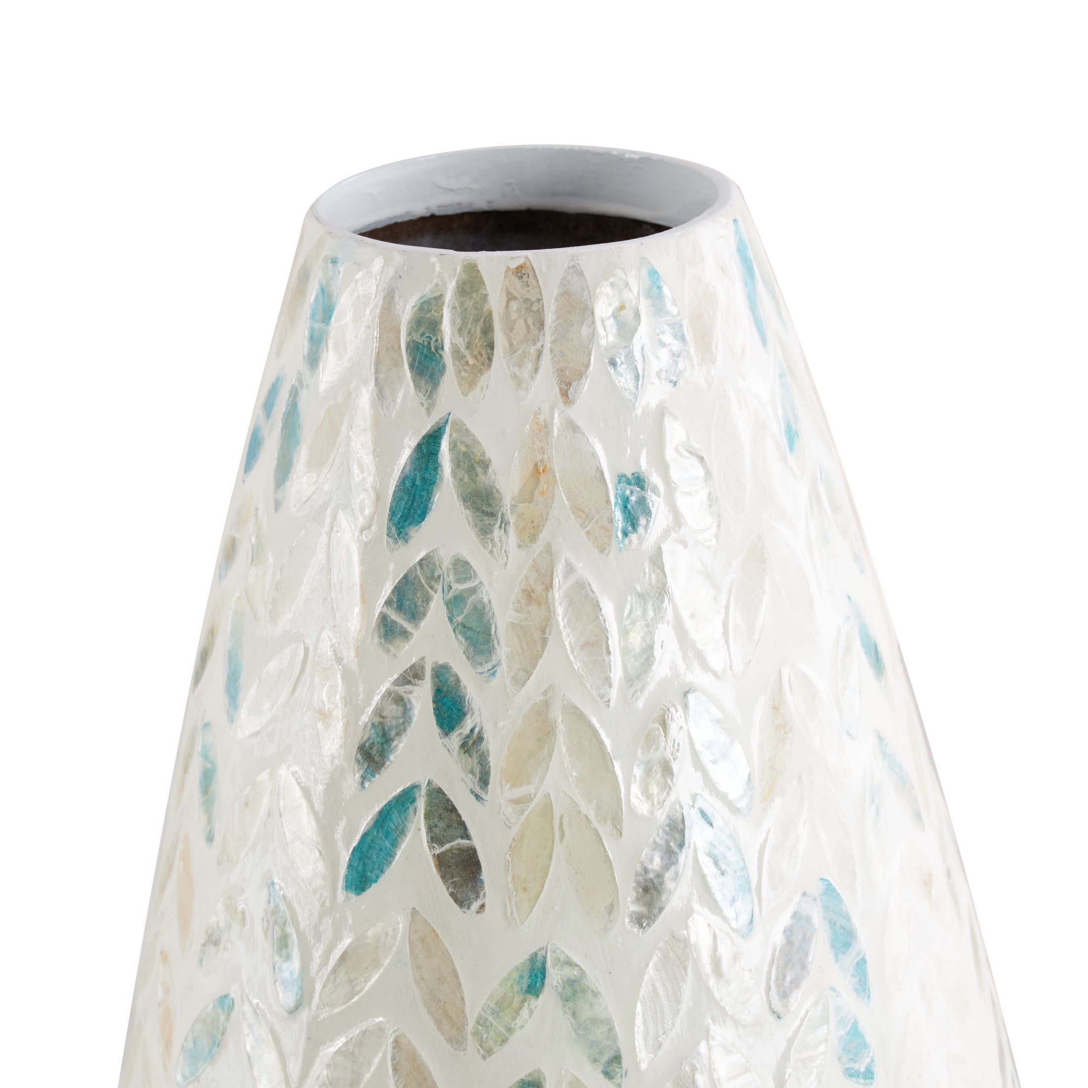 DecMode 33" Leaf Handmade Tall Mosaic Cream Mother of Pearl Shell Vase with Blue Accents