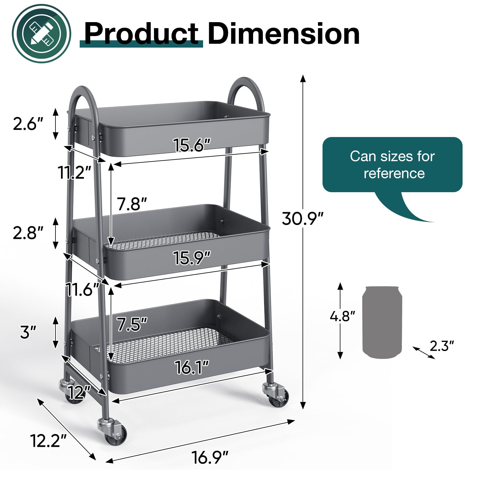 ZUNMOS 3 Tier Rolling Cart, Metal Utility Storage Cart with Lockable Wheels for Livingroom, Bathroom, Kitchen & Narrow Spaces,Gray