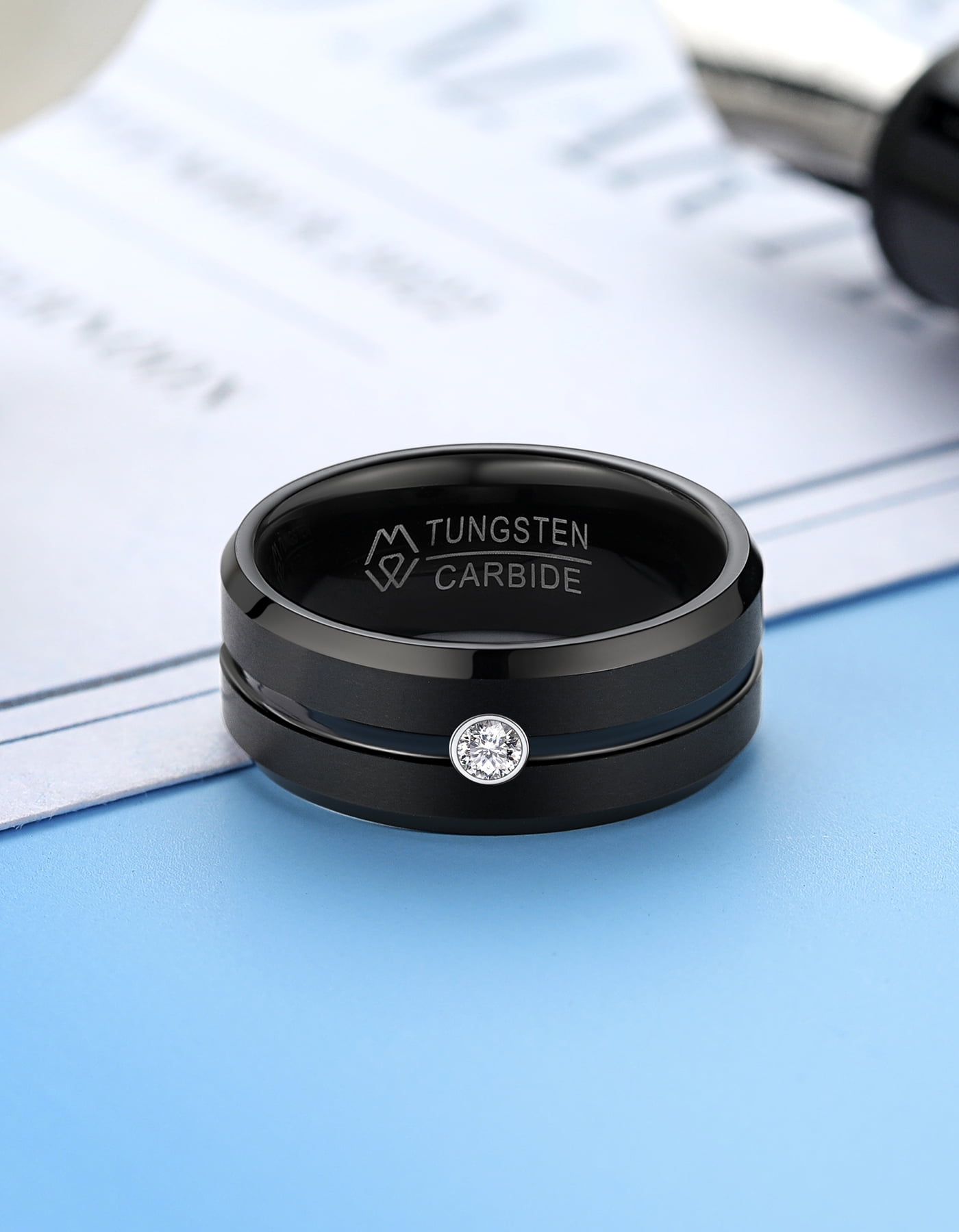 MomentWish Tungsten Ring for Men, Moissanite Wedding Band for Men, 8MM Tungsten Band Black Promise Ring-Size6