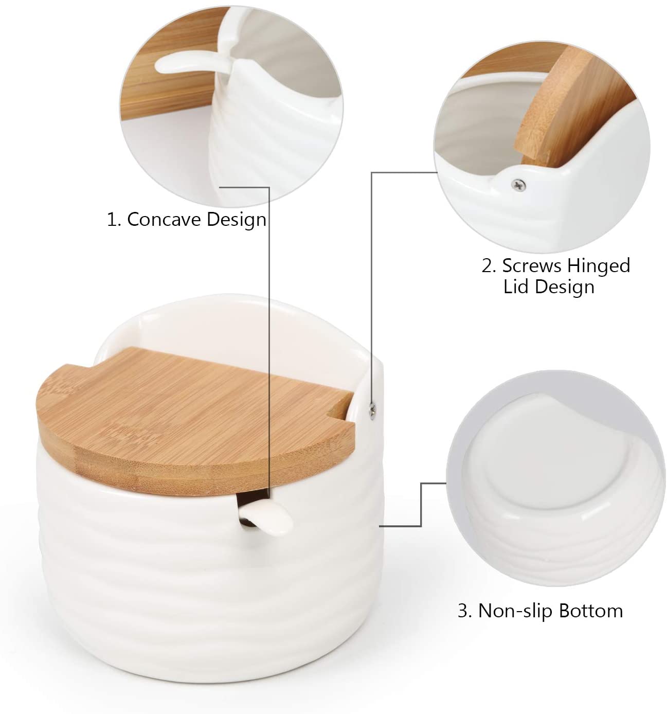 NEX White Ceramic Sugar Bowls, Set of 3 with Bamboo Lids and Spoon