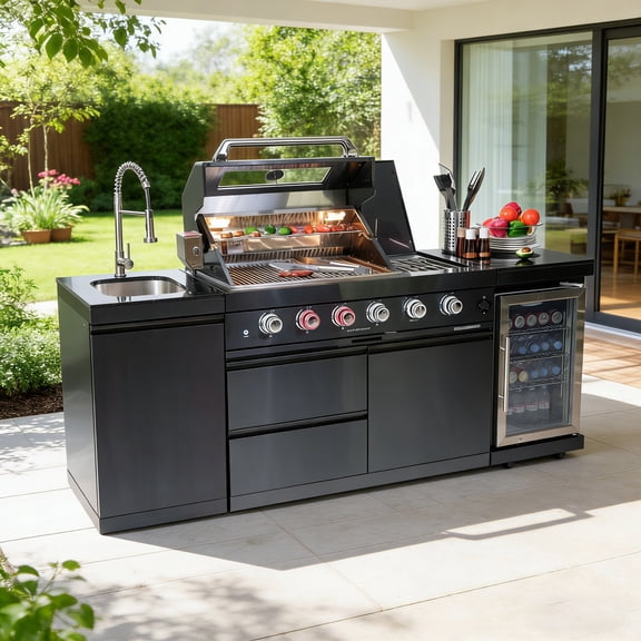Daheat Outdoor Kitchen Island Black Stainless Steel with Sink & 46-Inch 4-Burner 72000 BTU Grill, Wine Cooler, Refrigerator, Rotisserie Kit & Granite Countertops