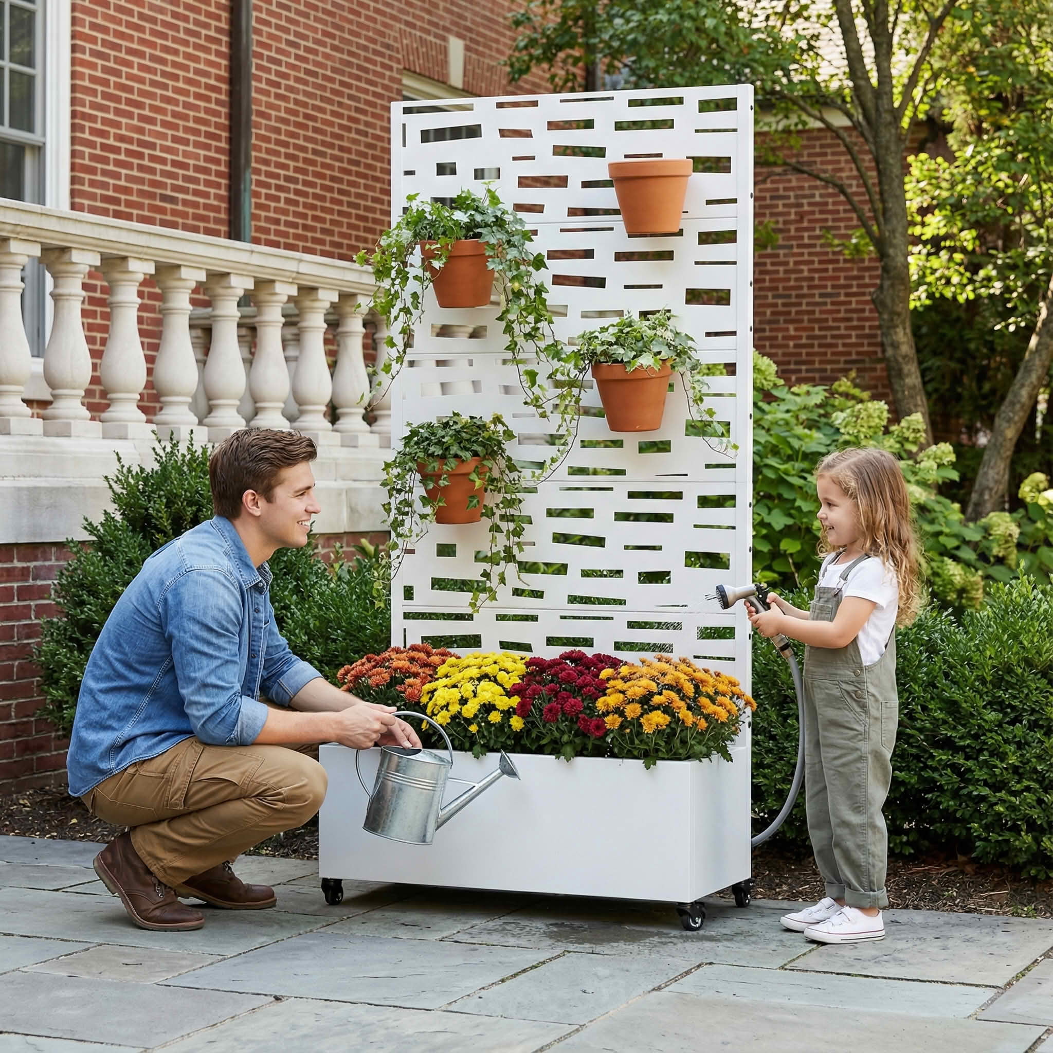 MAYEERTY 72X35" Metal Outdoor White Privacy Screen with Planter Box for Backyard & Garden, 5 Piece Set