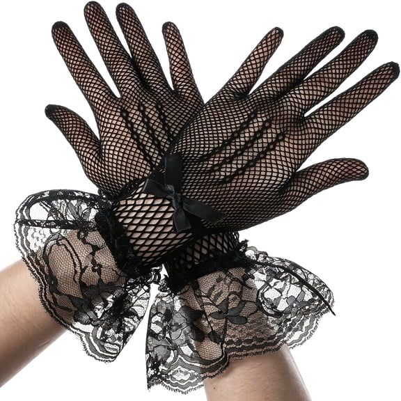 XIBUFE Black Lace Gloves for Women Fish Net Tea Party Gloves Bow Dress Gloves Opera Evening Wedding Tea Party Prom Cosplay Gothic Accessories black lace gloves Black