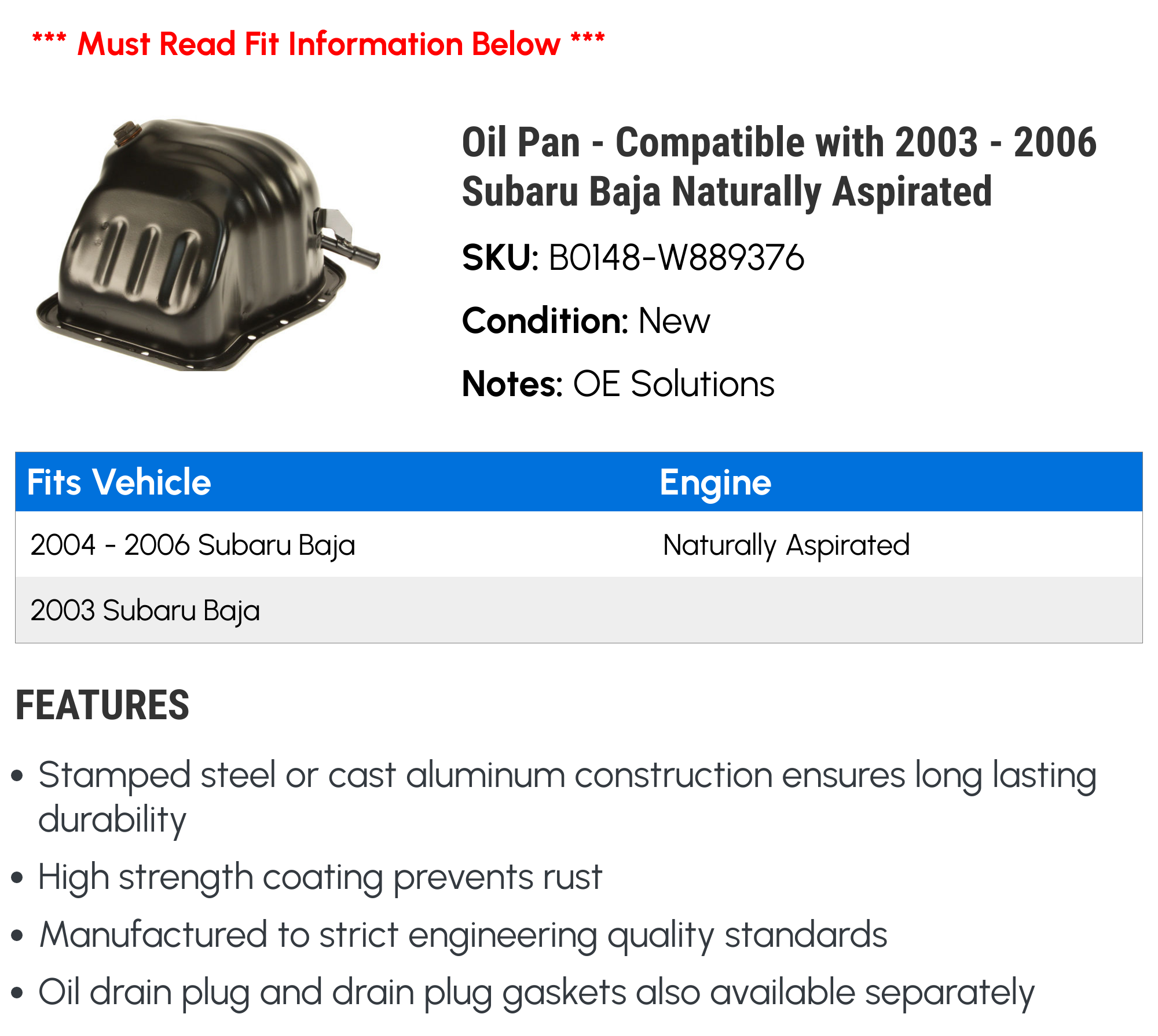 Oil Pan - Compatible with 2003 - 2006 Subaru Baja Naturally Aspirated - Dorman