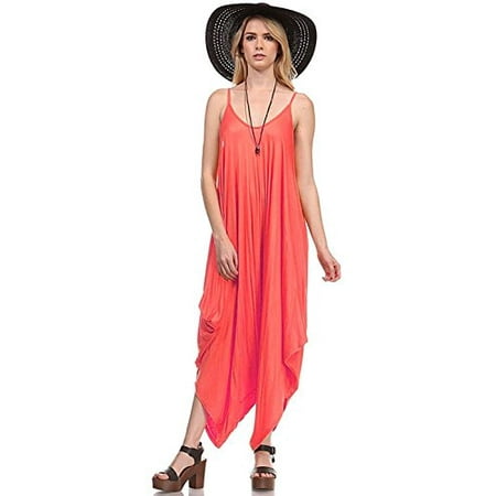 Red Coral Turquoise Ring - Fashion Secrets Solid Women Harem Overall Summer Spagehtti Straps Jumpsuit Romper (Large, Coral)