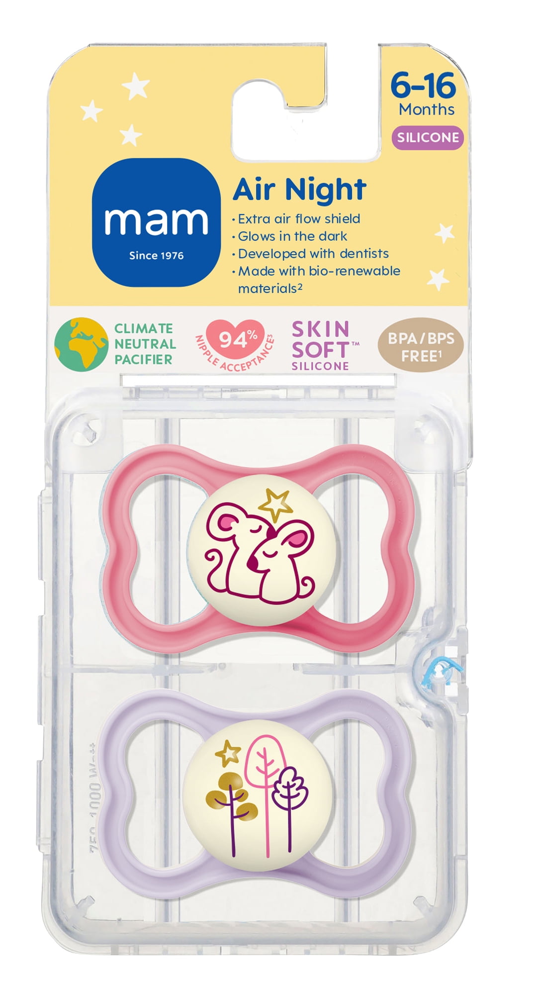 MAM Air Night Pacifier, 6+ Months, Girl, 2 Pack