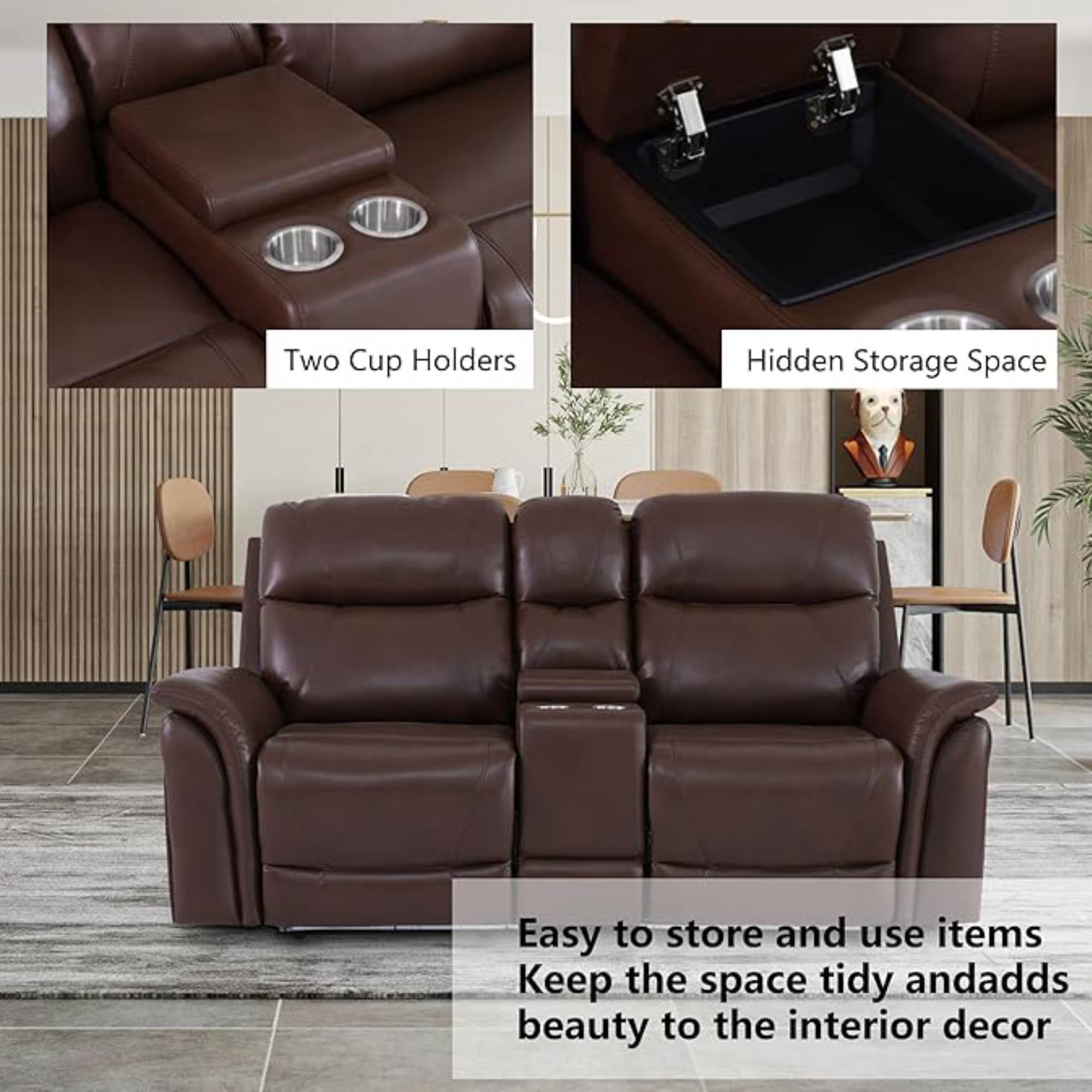 Electric Recliner Loveseat Chair Leather Power Recliner Couches with Led Light, USB Ports for Adults Living Room, Brown
