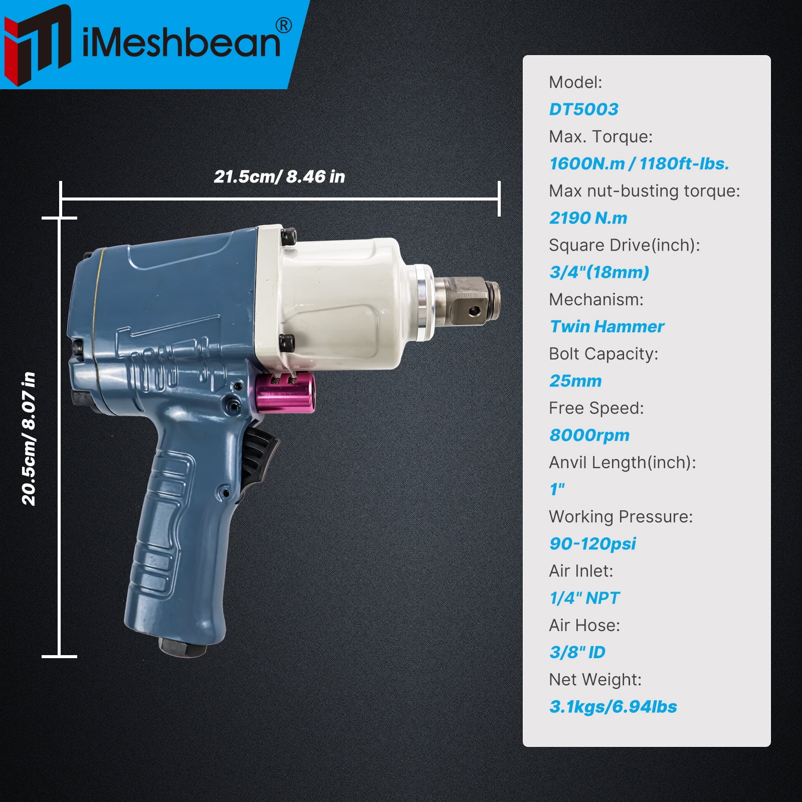 iMeshbean 3/4" Air Impact Wrench 1180ft-lbs. Twin Hammer Pneumatic 3-Torque+3 Sockets