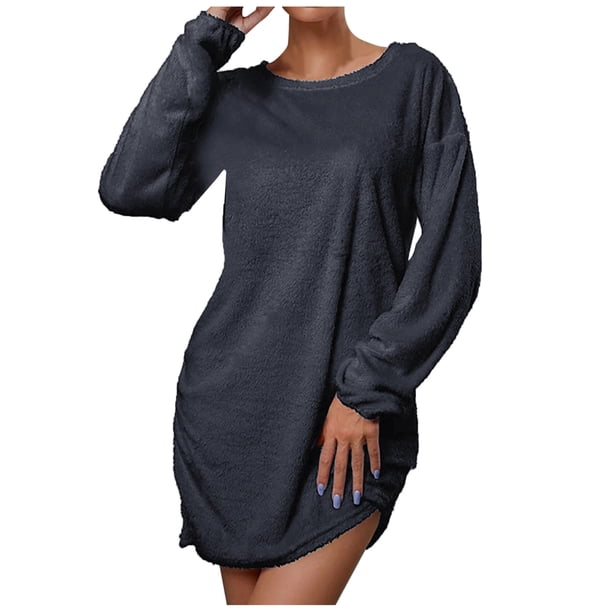 Vestidos Para Mujer Vestidos de Otoño Casual Suelto Cuello Redondo Suéter de Felpa Vestido de Manga Larga Odeerbi ODB133397