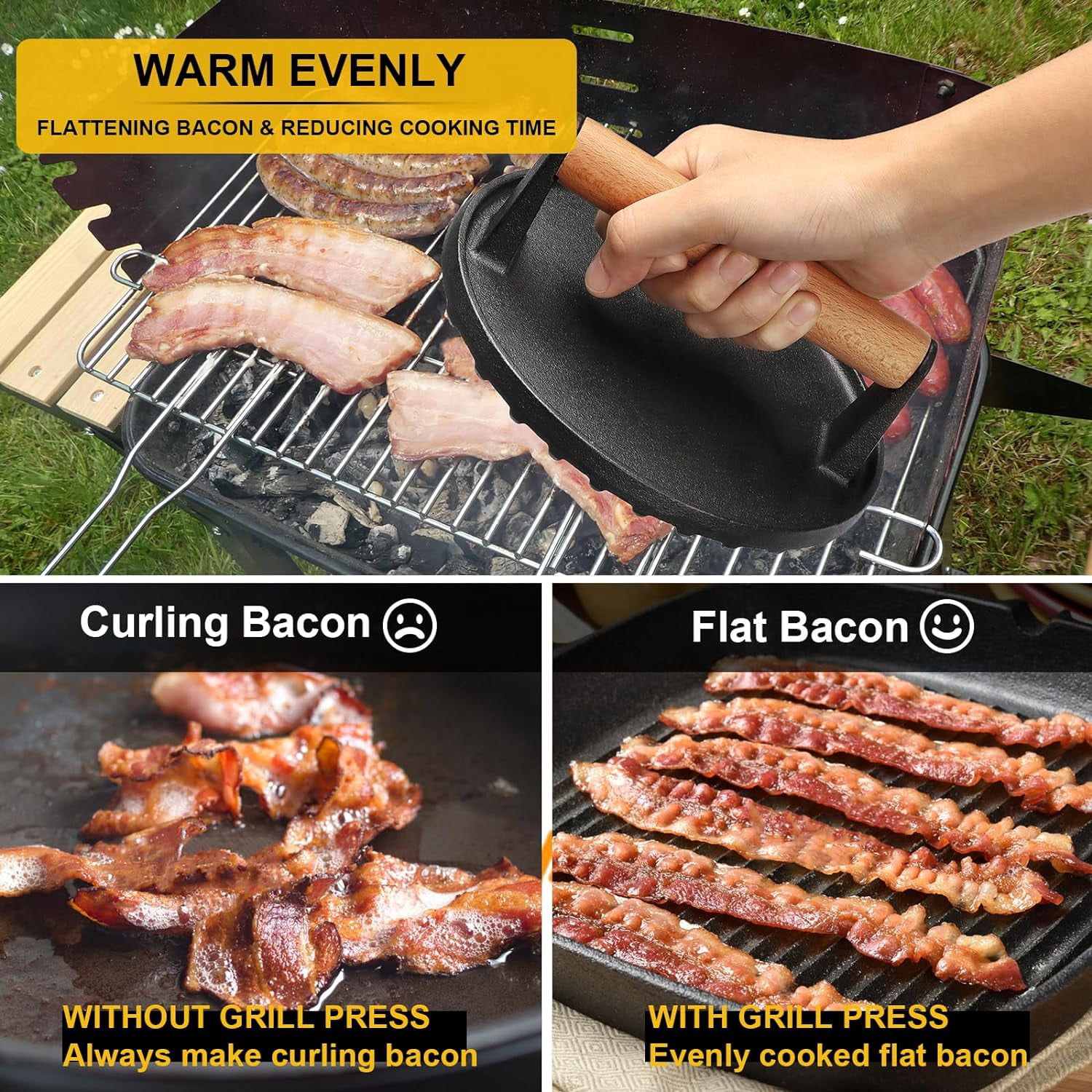 Burger Press, Smash Burger Press for Blackstone Griddle, Heavy Duty Cast Iron Round 6.9In Bacon Grill Press with Wood Handle, Meat Steak Weight for Sandwich, Paninis (Round)