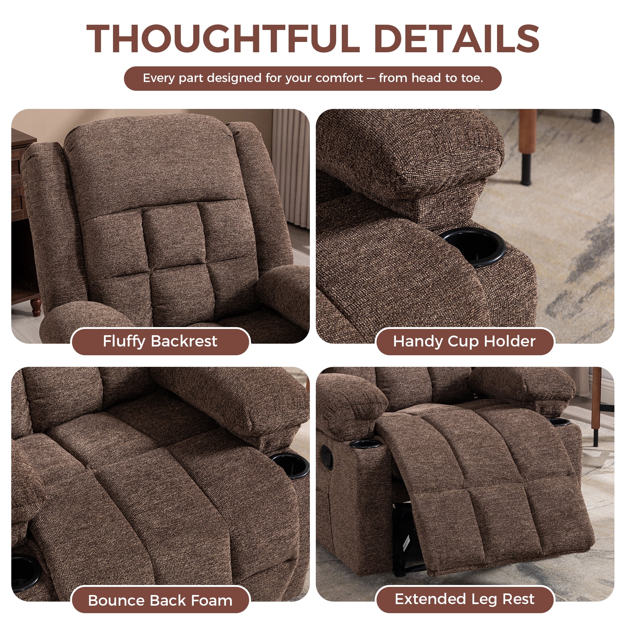 Ebello Manual Recliner Chair with Massage & Heat, Soft Fabric Recliner Chair with Cup Holders and Side Pockets for Living Room, Brown