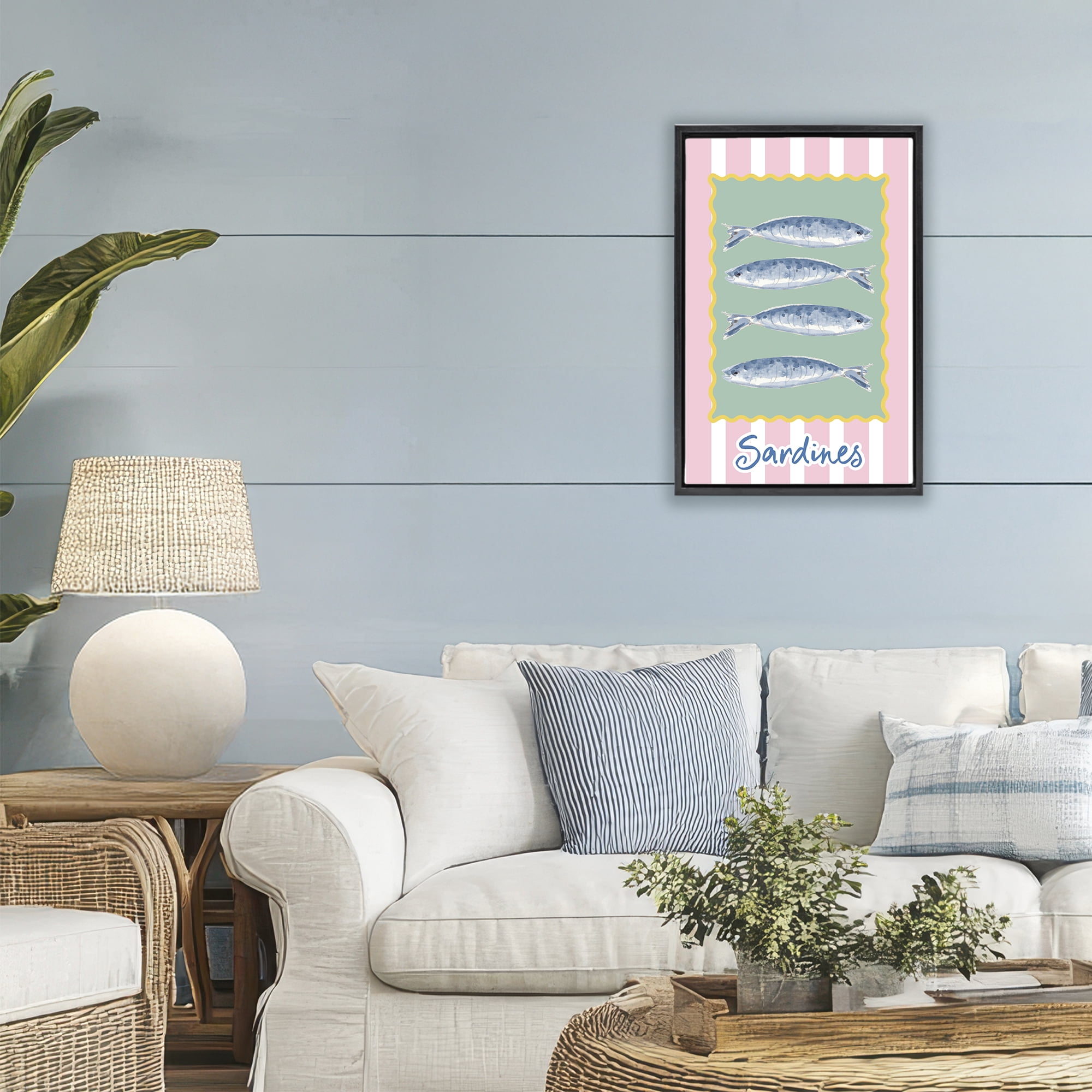 Stupell Industries Pastel Striped Sardines Black Framed Floater Canvas Wall Art, design by Patricia Pinto
