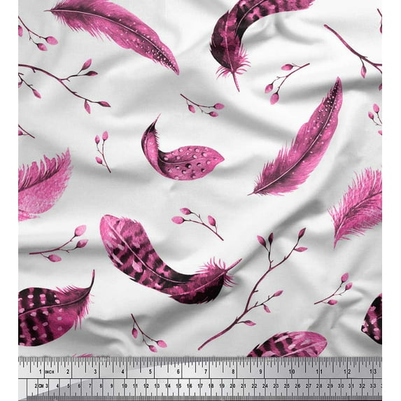 Soimoi Pink polyester Crepe Fabric Leaves & Feather Print Fabric by Yard 52 Inch Wide