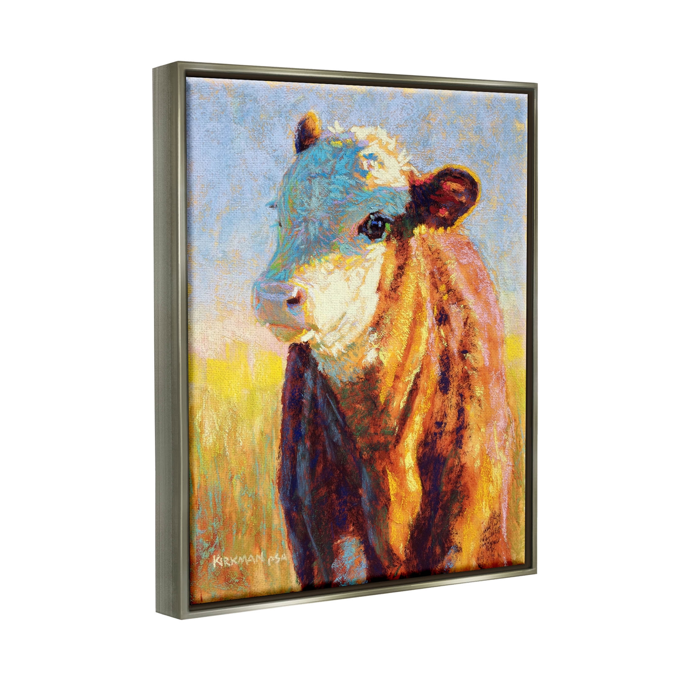 Modern Cow Portrait Impressionism Animals & Insects Painting Luster Gray Framed Art Print Wall Art