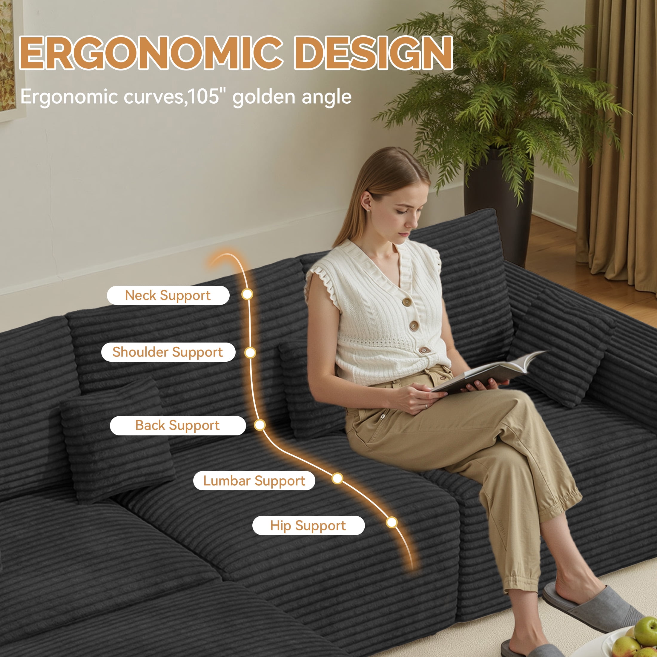 Daluvenix Modern Modular Sectional Sofa 113" L-Shaped Boneless Couch with Deep Seat Convertible Corduroy Cloud Couches for Living Room