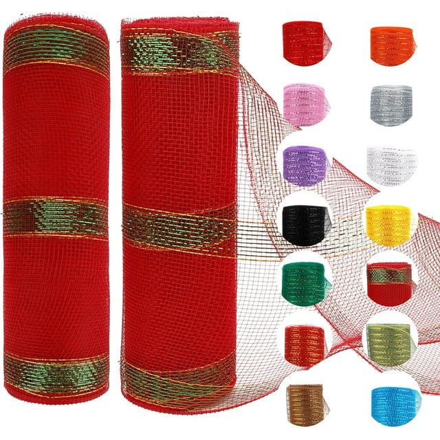2 Rolls Red Mesh Ribbon, Christmas Deco Mesh 10 Inch x 30 Feet Each Roll, Metallic Red with Foil Ribbon for Christmas Tree Decorations Halloween Party Decor Crafts Wreaths,Rayas rojas y verdes
