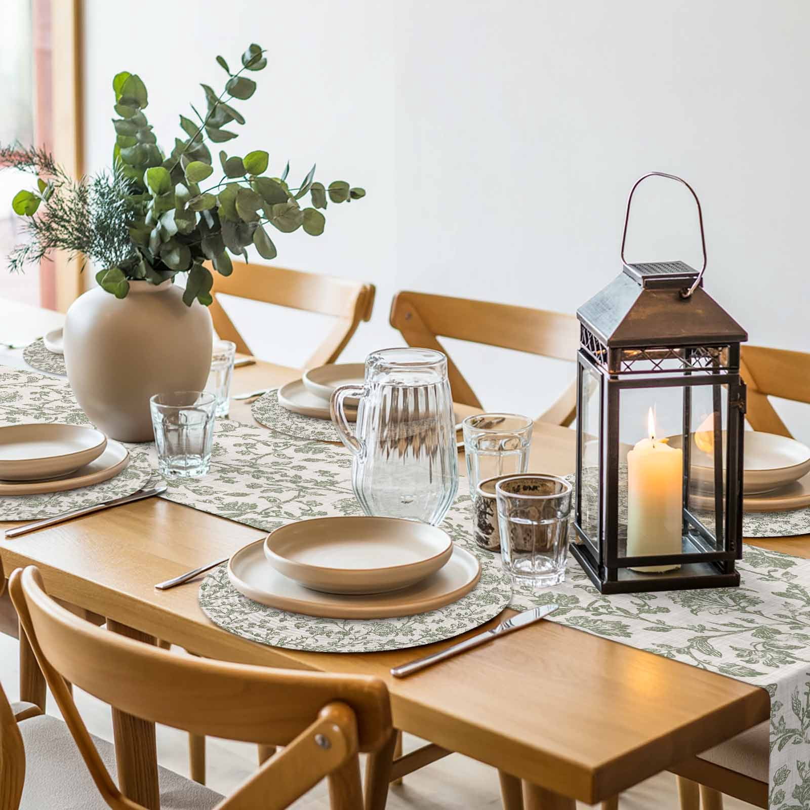 Spring Flowers Round 15 Inch Placemats Set of 8, Farmhouse Sage Green Pastoral Floral Leaf HeatResistant Non Slip Place Mats for Dining Table, Wipeable Braided Kitchen Table Mats for Housewarming