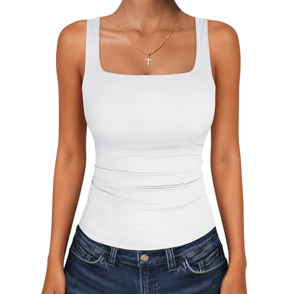 ANRABESS Tank Top for Women Summer 2026 Double Lined Sleeveless Square Neck Basic Tight Workout Tees Shirts White X-Small