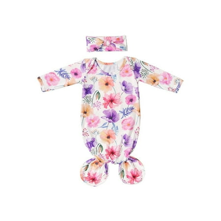 

Knit Knotted Newborn Baby Gown Long Sleeve Floral Leaf Pineapple Print Outfit With Headband Baby Sleeping Bag + Hat
