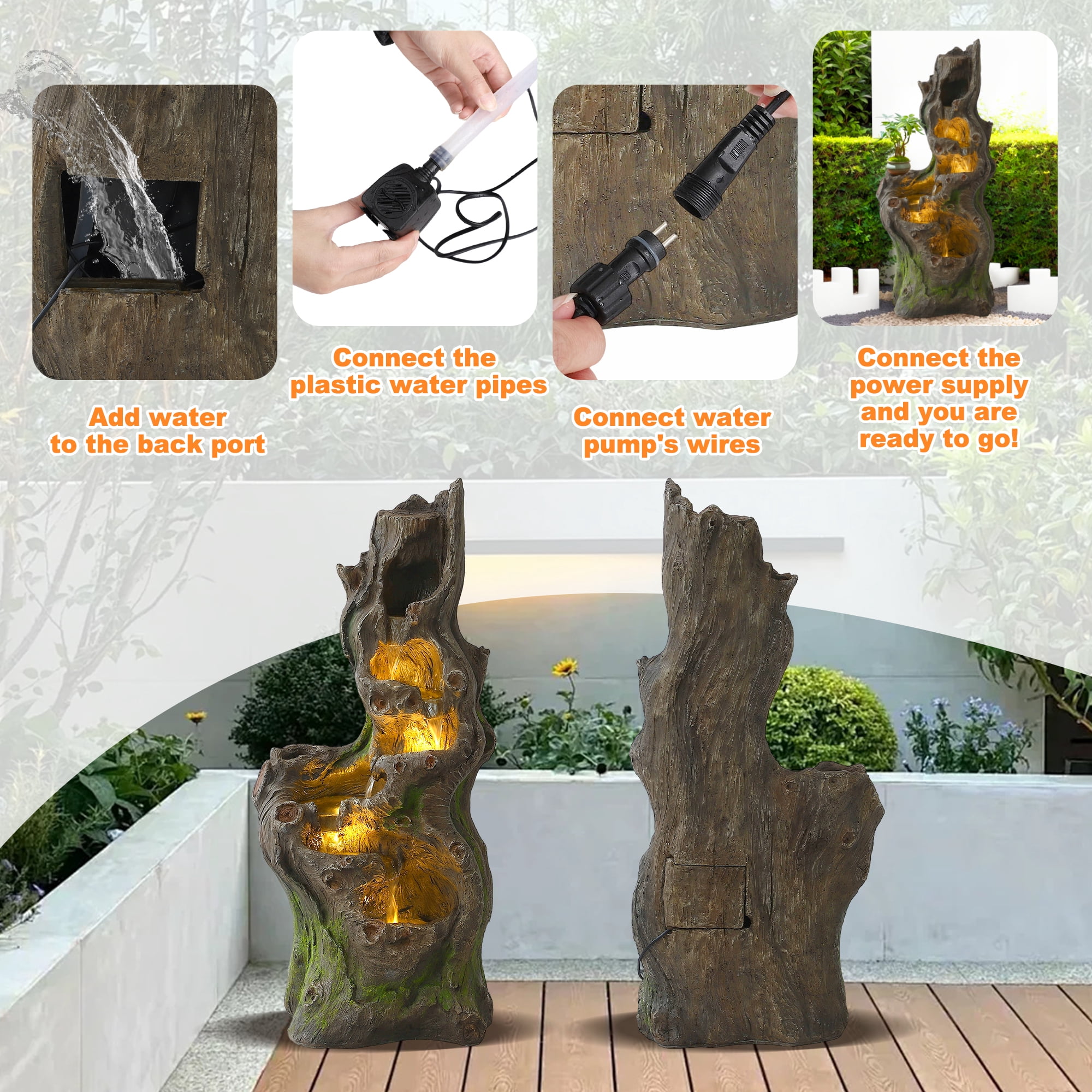 Magic Union 40" Outdoor Water Fountain, 6 Tiers Cascading Realistic Tree Trunk Waterfall Fountain with LED Lights, Freestanding Fountain Resin Imitation Wood for Garden Patio Balcony Yard