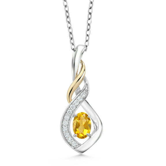 Gem Stone King 0.53 Ct Yellow Citrine E-F Lab Grown Diamond 925 Silver and 10K Yellow Gold Spiral Pendant