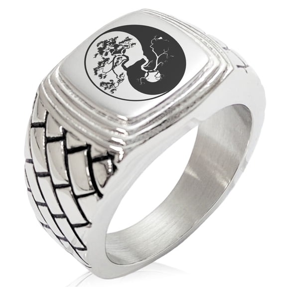 Stainless Steel Bonsai Tree Yin Yang Geometric Pattern Step-Down Biker Style Polished Ring