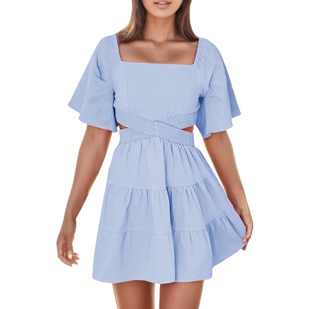 Vestido de mujer con cuello cuadrado y mangas acampanadas - Color liso, sin cintura, falda en capas, mangas cortas