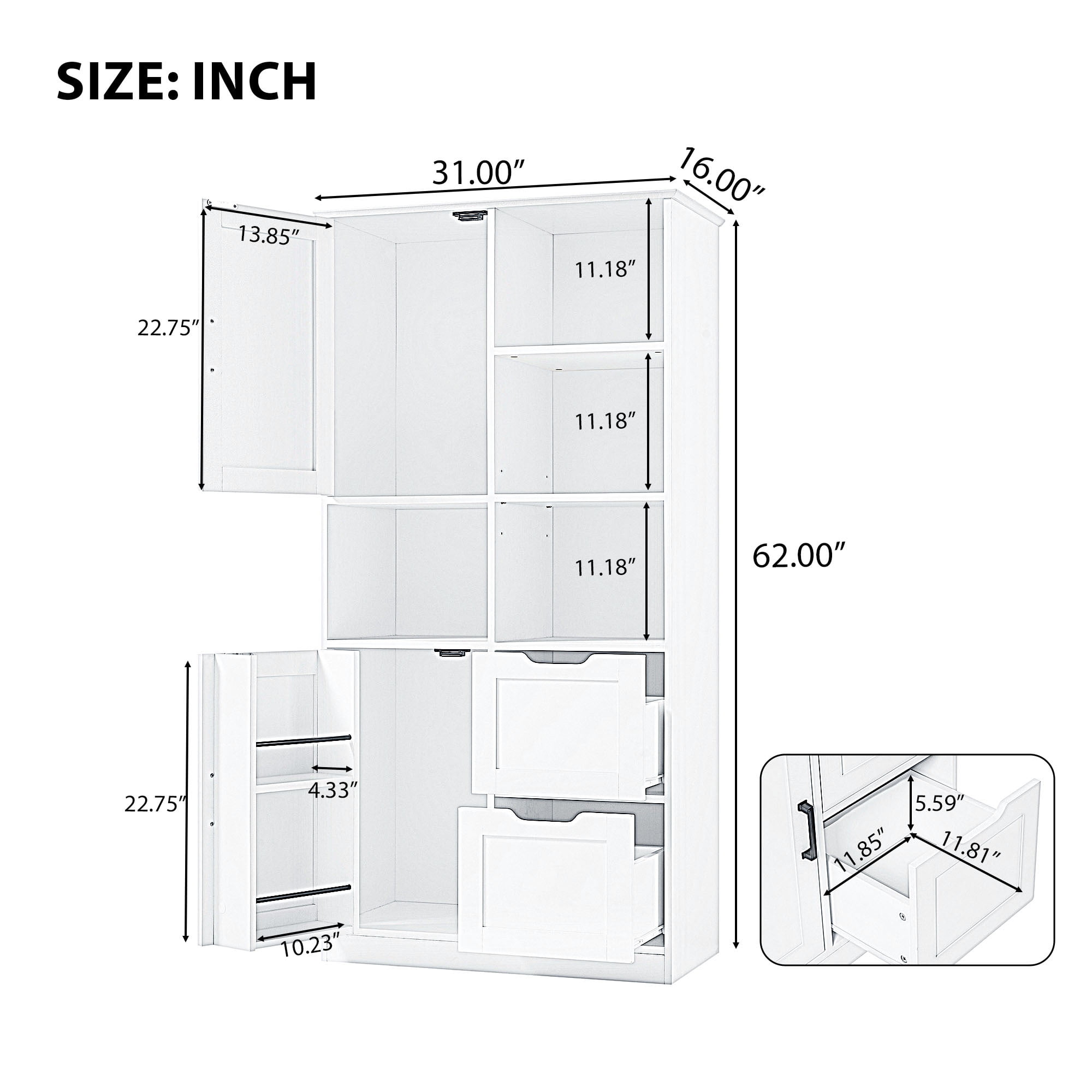 EUROCO 62'' Tall Bathroom Storage Cabinet, MDF Board Floor Storage Cabinet with 2 Doors, 2 Drawers and Adjustable & Door shelves, Freestanding Cabinet for Bathroom, Living Room, Home Office, White