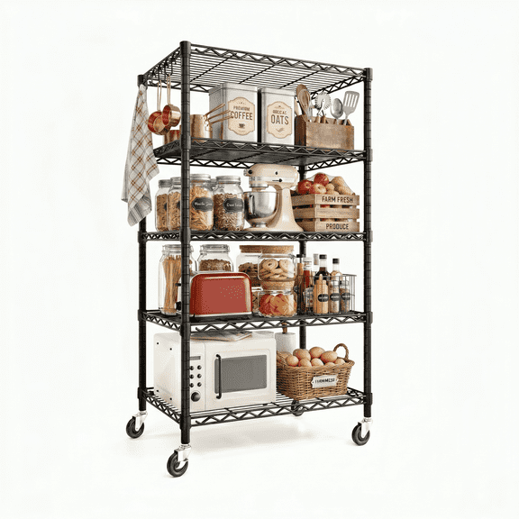 PrimeZone 5-Tier Wire Storage Shelves with Wheels, Adjustable Metal Shelf Rack Unit Organizer, Heavy Duty Wire Shelf for Garage Warehouse Office Restaurant Kitchen, 24.2"W x 18"D x 75"H, Black