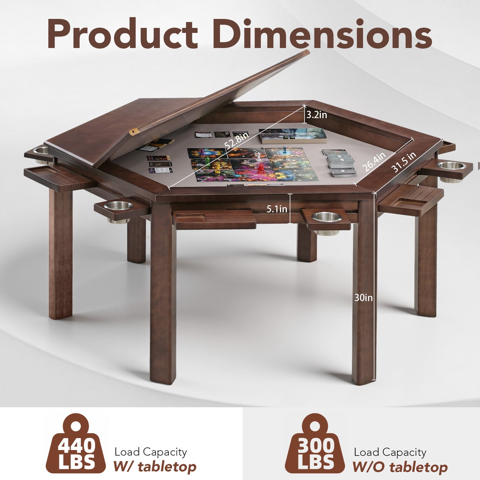 Avocahom Hexagonal Solid Wood Board Game Table for 4-6 Players,Convertible Dining Table/Game Table,Top Removable Gaming Table w/ Game Mat, 6*Cup Holders & Hobby Tray