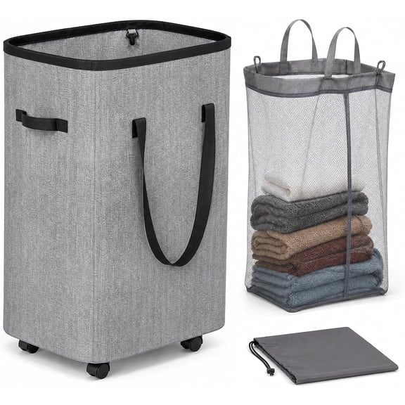 Tecfino Laundry Hamper with Wheels, 80L Rolling Laundry Basket with Removable Wash Bag and Storage Pocket, Collapsible Dirty Clothes Basket for Bedroom, Bathroom, Laundry Room - Gray