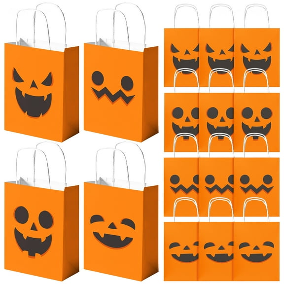 NiHome 16-Pack Halloween Pumpkin Kraft Paper Treat Bags with Handles - Assorted Jack-o'-lantern Designs for Trick or Treat, Party Favors, Candy, Cookies, and Gifts