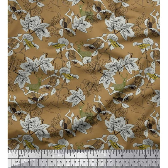 Soimoi Rayon Fabric Leaves,Women & Reindeer Animal Printed Fabric 1 Yard 56 Inch Wide