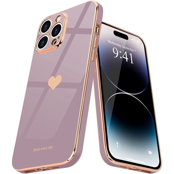 for iPhone 14 Pro Case for Women Girl Cute Love Heart Luxury Plating Soft Bling Back Cover Raised Full Camera Protection Bumper Silicone Shockproof Phone Case for iPhone 14 Pro, Lavender