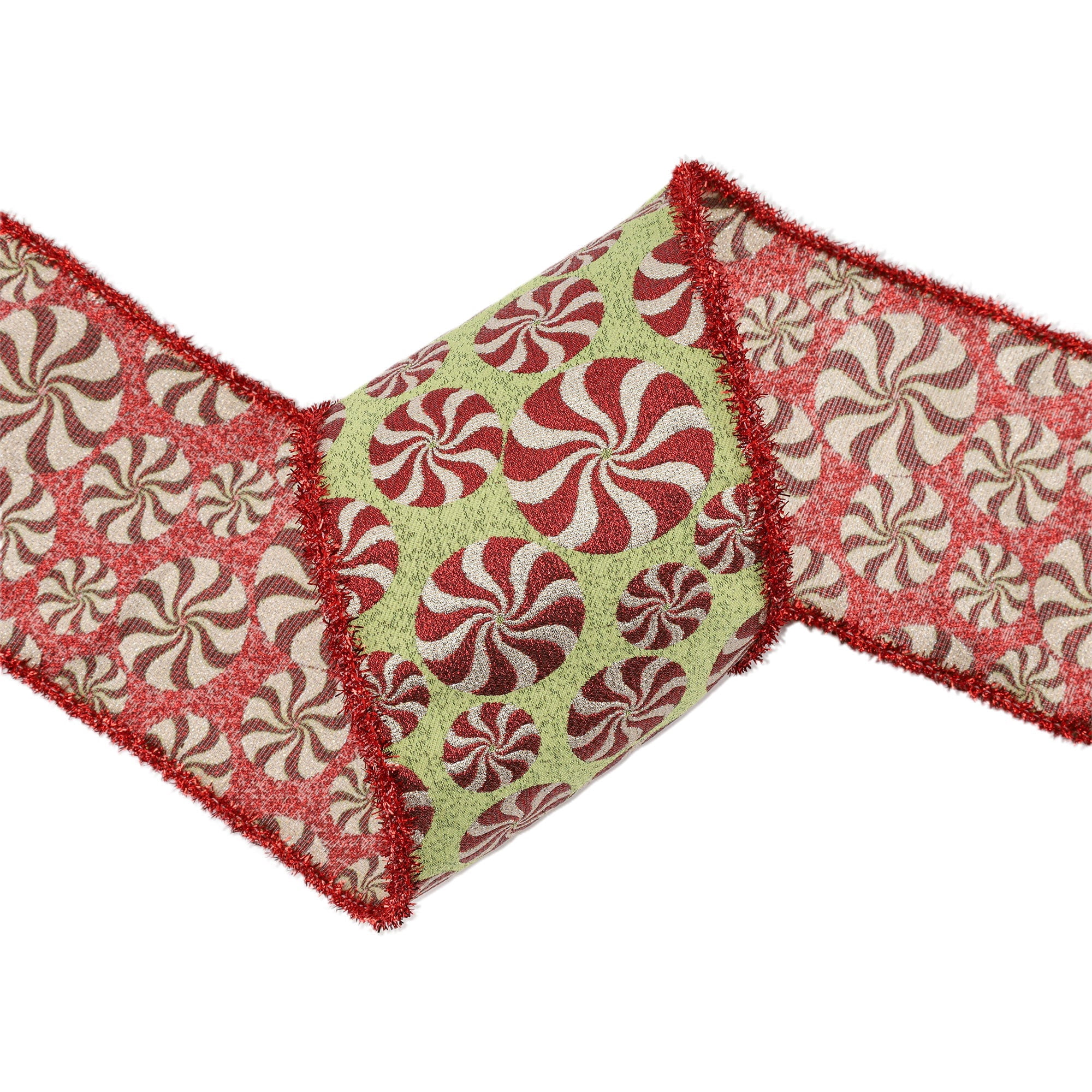 LaRibbons 4" Wired Jacquard Ribbon, Peppermint on Apple Green w/ Tinsel Edge, 5 Yard Roll