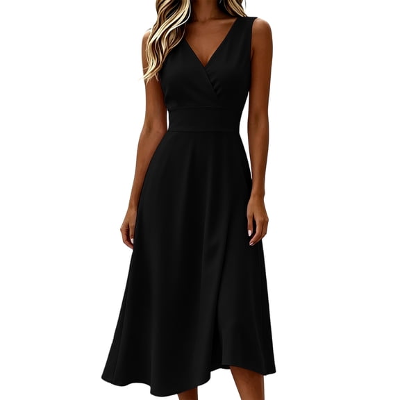 Tqcoqu Women's V Neck Wrap Sleeveless Midi Dress,Fitted Waist A-Line Casual Cocktail Dresses,2026 Spring Fall Trendy Clothes,Black Women's S-XXXL