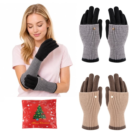 COOPLUS 2 Pairs Women's Winter Gloves Warm Cutout Touch Screen Thermal Stretchy Knitted Gloves for Cold Weather