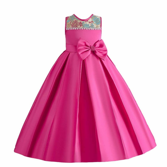 Penkiiy Robe Sans Manches Brodée en Maille pour Filles, Robe de Princesse pour Occasions Spéciales 5-6 Ans Rose Vif en Solde