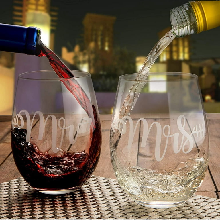 Wine Glasses - Stemless Wine Glasses Set of 2 Crystal Mr Mrs Wine