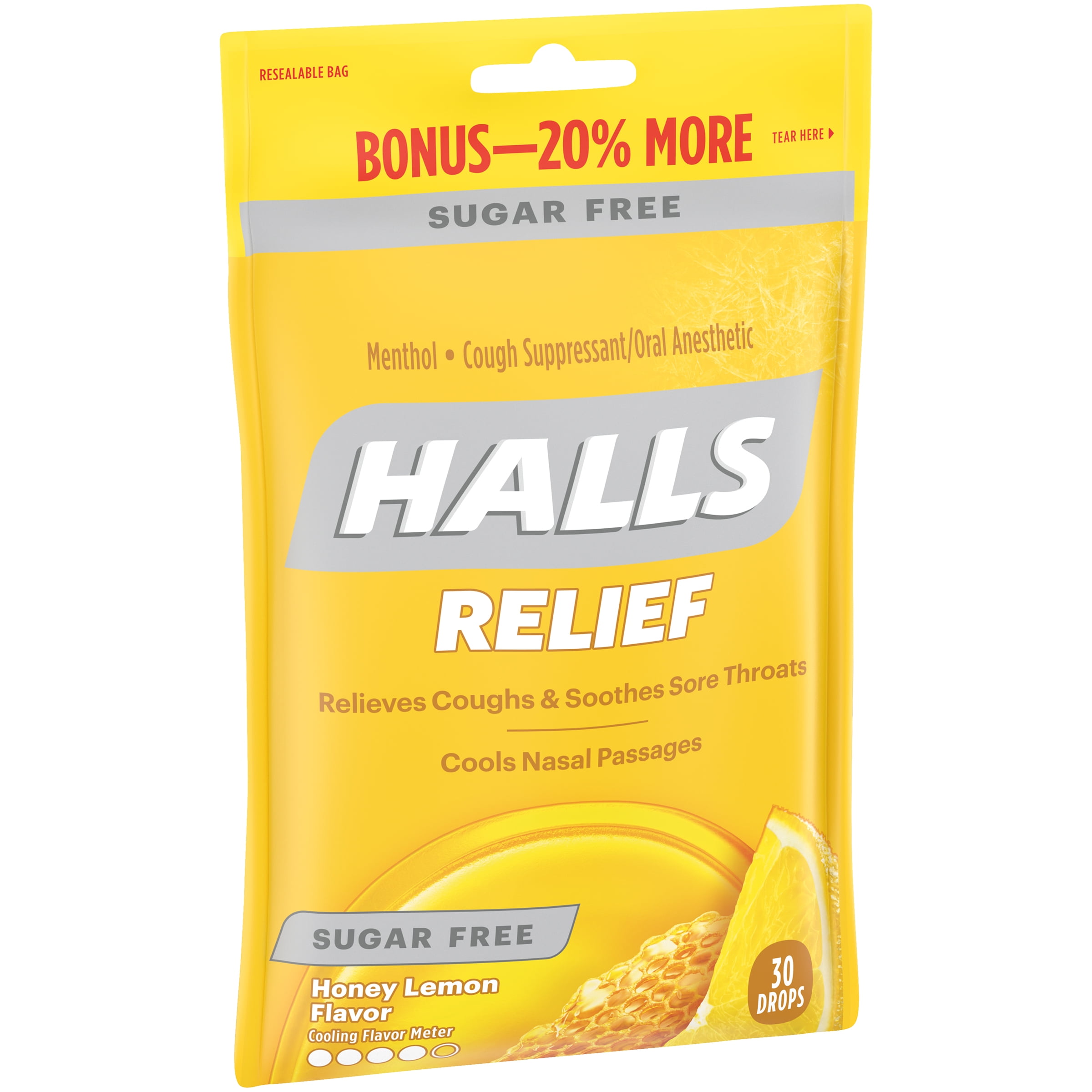 HALLS Relief Sugar Free Honey Lemon Flavor Cough Drops, 1 Bag (30 Total Drops)