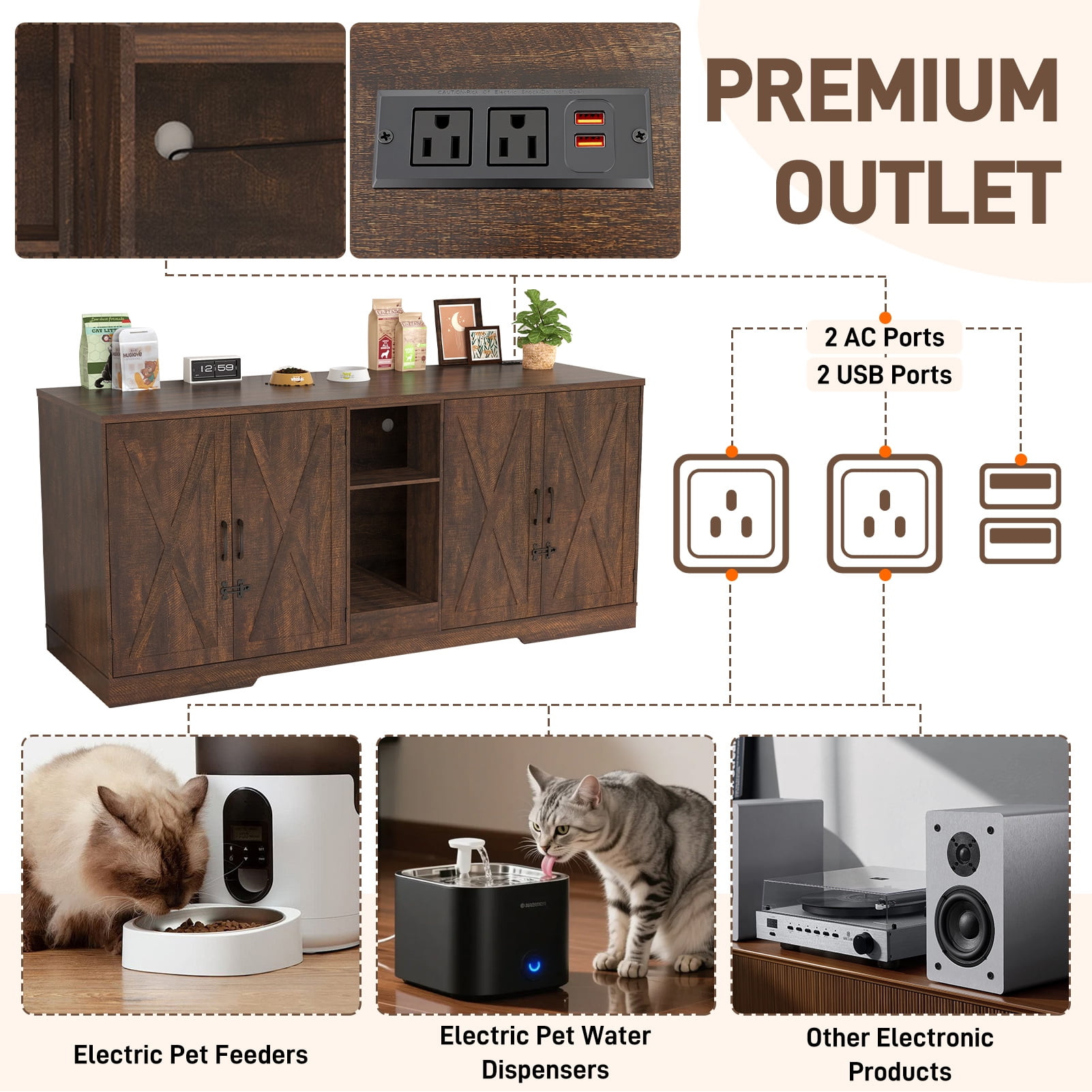 Blotout 77" Large Cat Litter Box Enclosure for 2 Cats with Power Outlets, Litter Box Furniture Hidden with Double Room, Wooden Cat Washroom Furniture with Lockable Door, Cats House, Brown